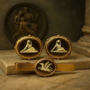Vintage DANTE Mythological Cameo Cufflinks & Tie Clip Set | Pegasus | Signed Mid